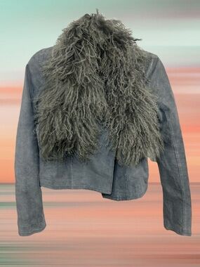 Y2K Slate Grey Suede Jacket w/ Removable Tibetan Lamb Collar